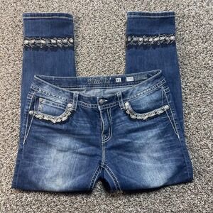 Miss Me Women's 32x27 Jeans Mid Rise Skinny Blue Embroidered Pocket Stretch